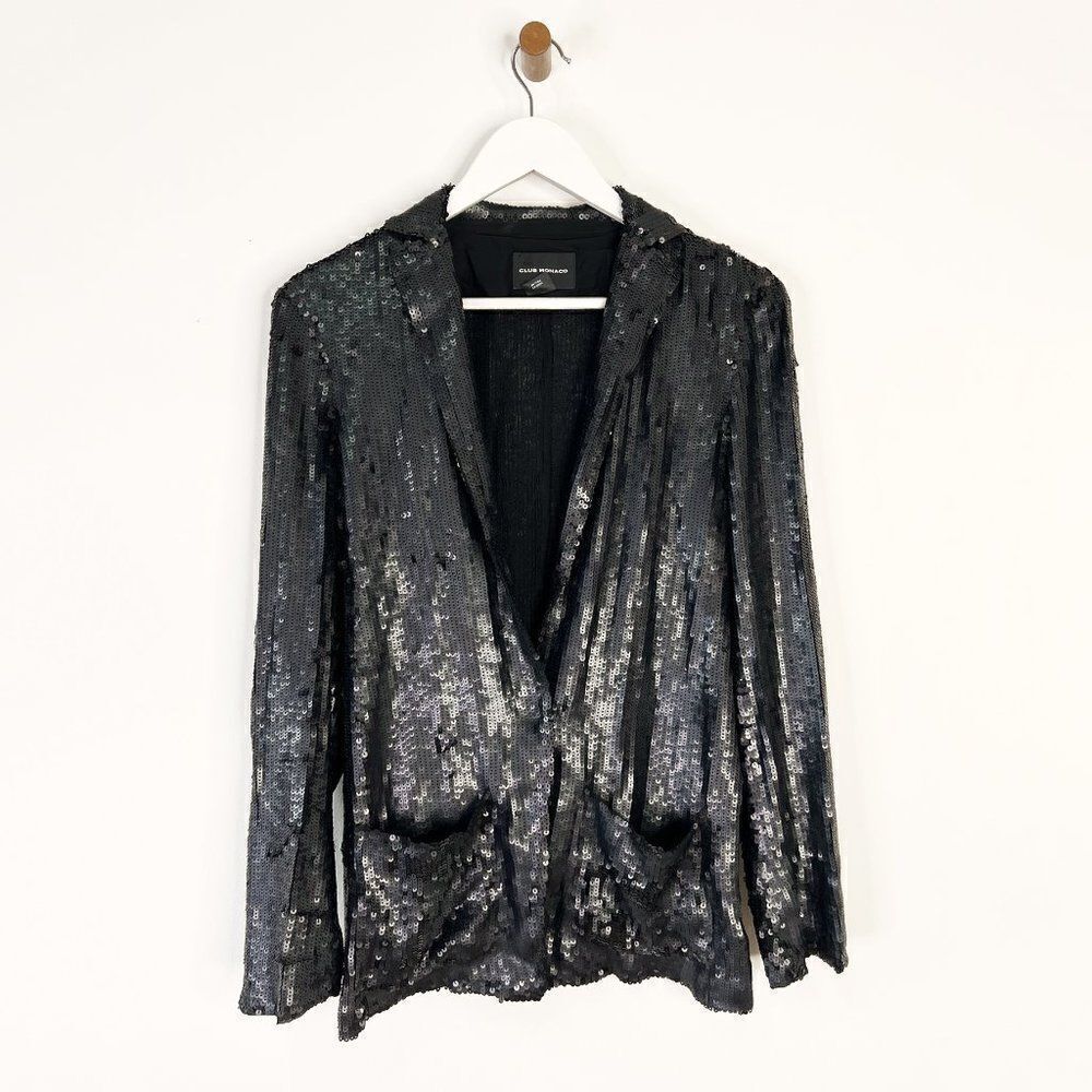 Club Monaco Black Silk Sequin Oversized Boyfriend Blazer